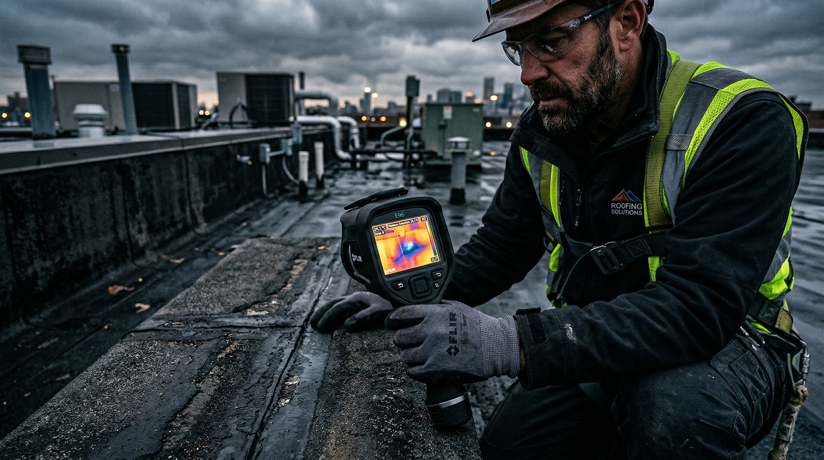 Thermal roof inspection drone footage showing moisture anomalies on commercial roof